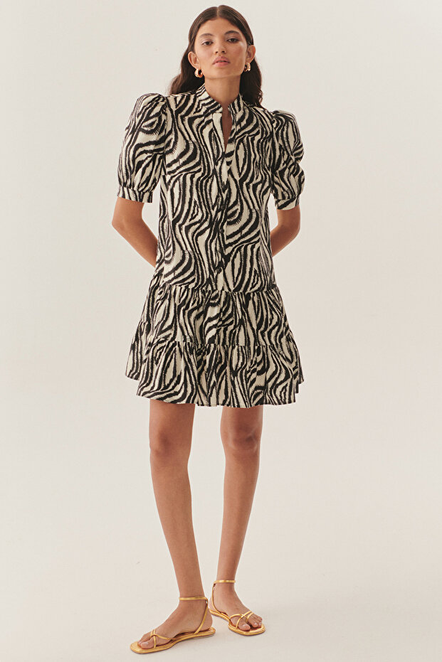 Zebra Pattern Pleated Short Sleeve Regular Cotton Mini Dress