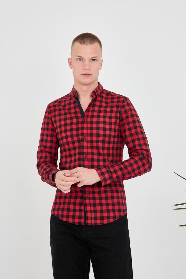 Checkered-Plaid Black-Red Slim Fit Cotton Flexible Button-Down Collar Men's Shirt