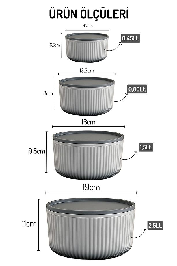 4'lü Set Çizgili, Yuvarlak Saklama Kabı Seti / 2,5lt.- 1,5lt.- 0,80lt.- 0,45lt. - 5