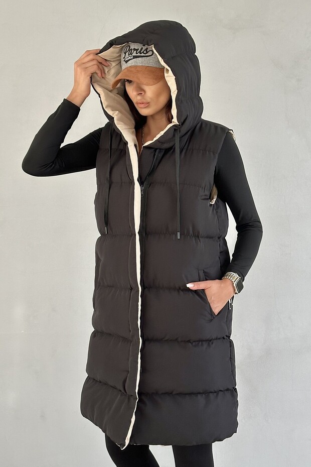 Kadın Çift Taraflı Uzun Şişme Yelek Kapüşonlu Oversize - Siyah, Bej - 6