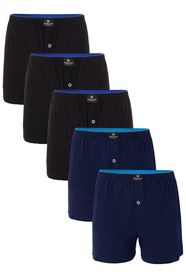 Men's 5-Piece Cotton Combed Cotton Navy Blue Boxers with Elastic Waist and Buttons