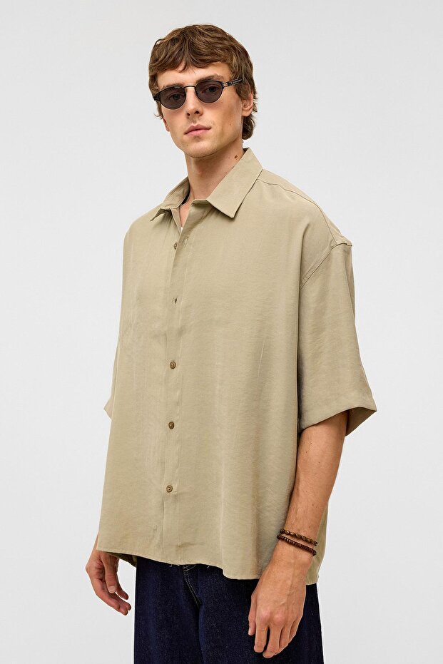 Basic Oversize Kısa Kollu Modal Gömlek Haki - 7