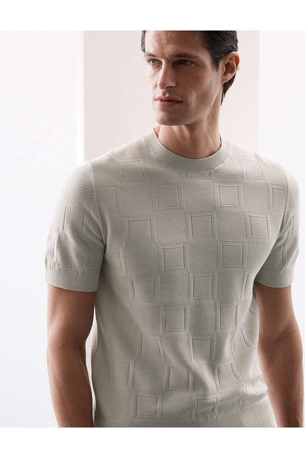 Mercerize Pamuk Geometrik Doku Örme T-shirt - 1