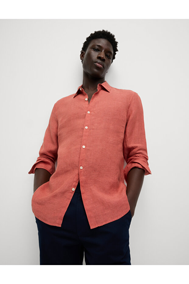 Regular Fit Saf Keten Gömlek - 1