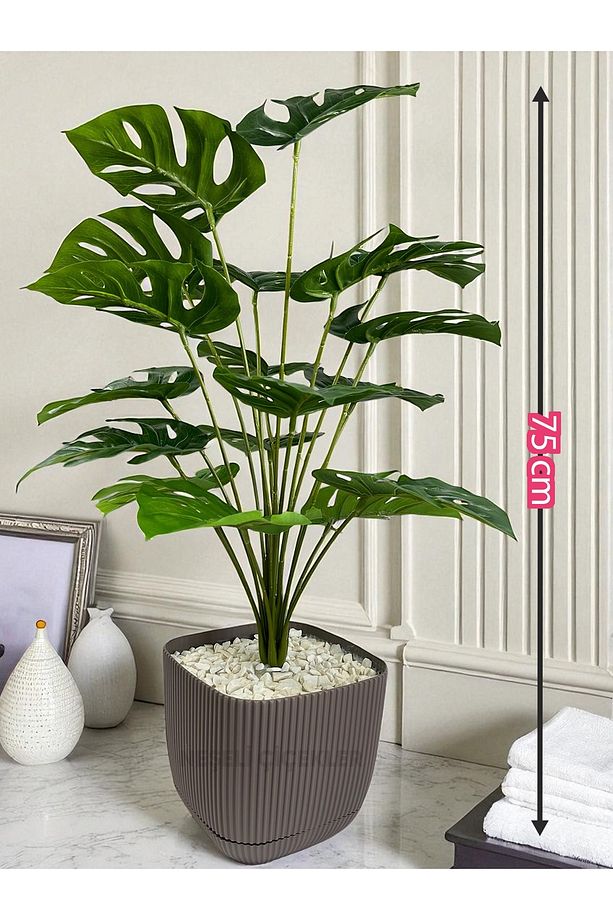 Yapay Ağaç Monstera Deve Tabanı Bitkisi 18 Yaprak 75cm Plastik Saksı Yapay Salon Çiçeği Hediyelik - 4