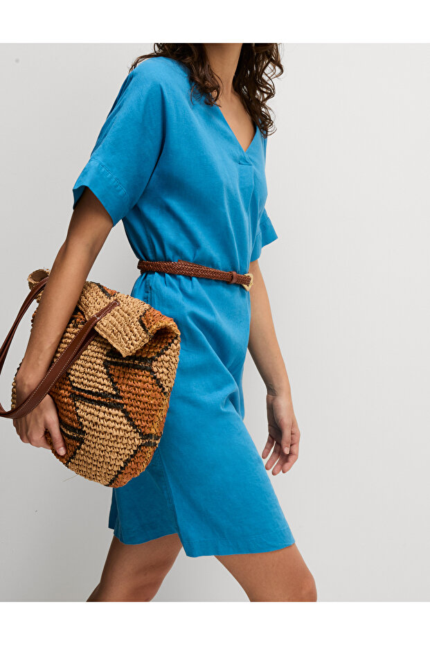 V Yaka Keten Mini Elbise - 1