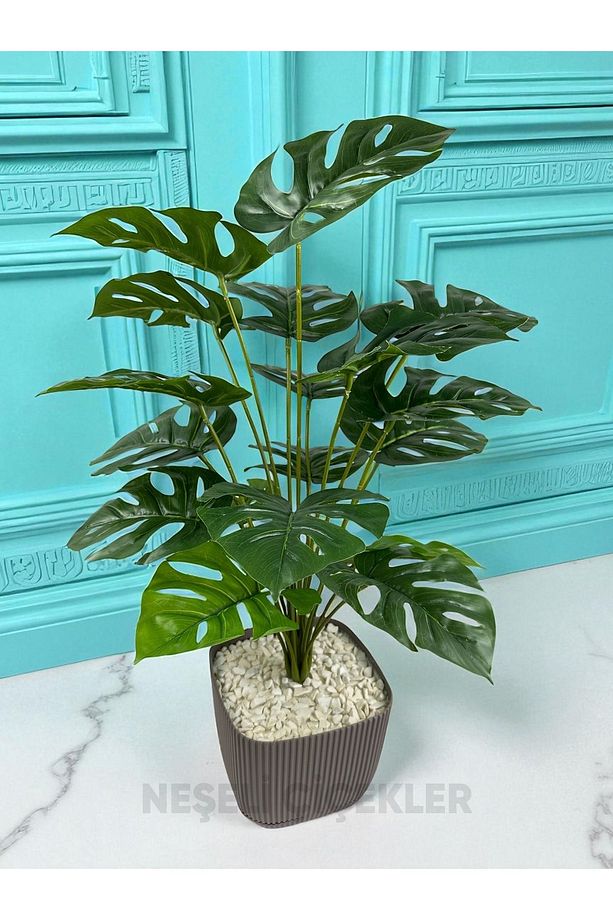 Yapay Ağaç Monstera Deve Tabanı Bitkisi 18 Yaprak 75cm Plastik Saksı Yapay Salon Çiçeği Hediyelik - 1