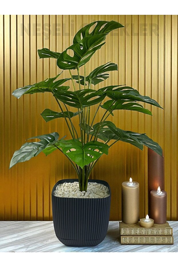 Yapay Ağaç Monstera Deve Tabanı Bitkisi 18 Yaprak 75cm Plastik Saksıda Yapay Salon Çiçeği Hediyelik - 6