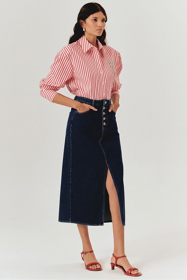 Taş Işleme Detaylı Oversize Çizgili Poplin Gömlek - 5