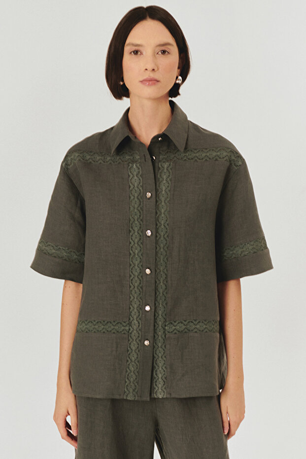 Lace Detailed Comfortable Fit Pure Linen Short Sleeve Gray Shirt
