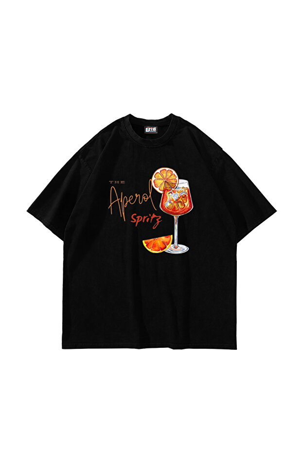 تيشيرت أسود كبير الحجم مطبوع عليه Aperol Spritz للجنسين