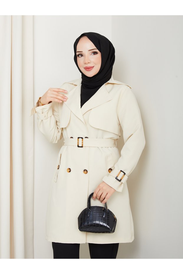 Double Breasted Collar Waterproof Lined Belted Turin Fabric Trench Coat Rc1003089