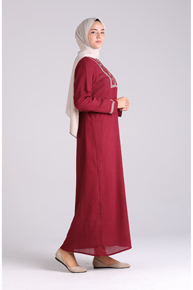 Embroidered Şile Cloth Dress 6000-05 Claret Red