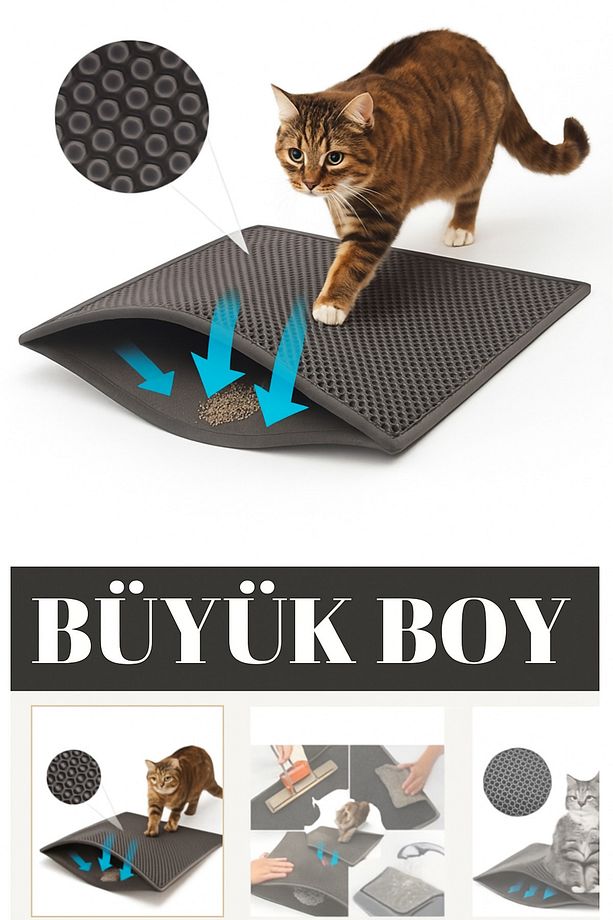 Elekli Kedi Tuvalet Önü Kum Paspası Kedi Tuvaleti Kumu Paspası Büyük Boy 60x80 Cm Siyah - 4