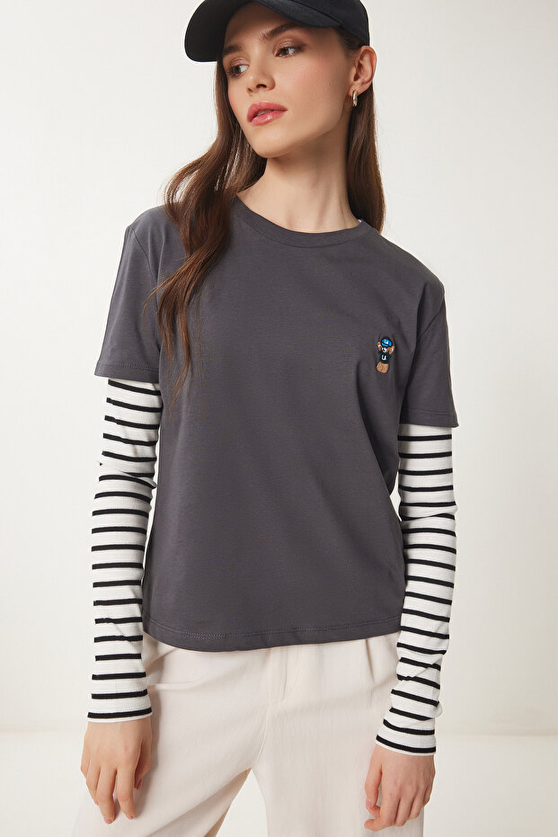 Teddy Bear Embroidered Cotton Knitted T-Shirt Anthracite Lcr0029