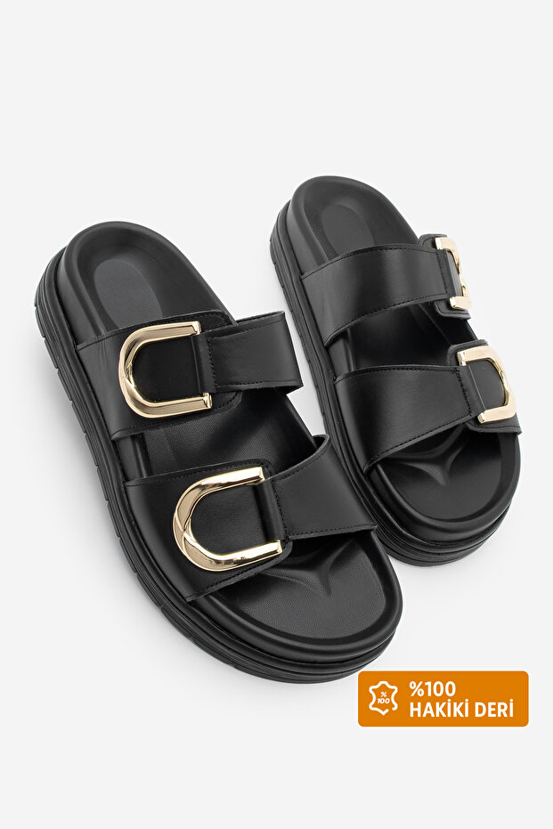 Női valódi bőr arany csat részletes vastag talpú napi papucs Merpe fekete - 1