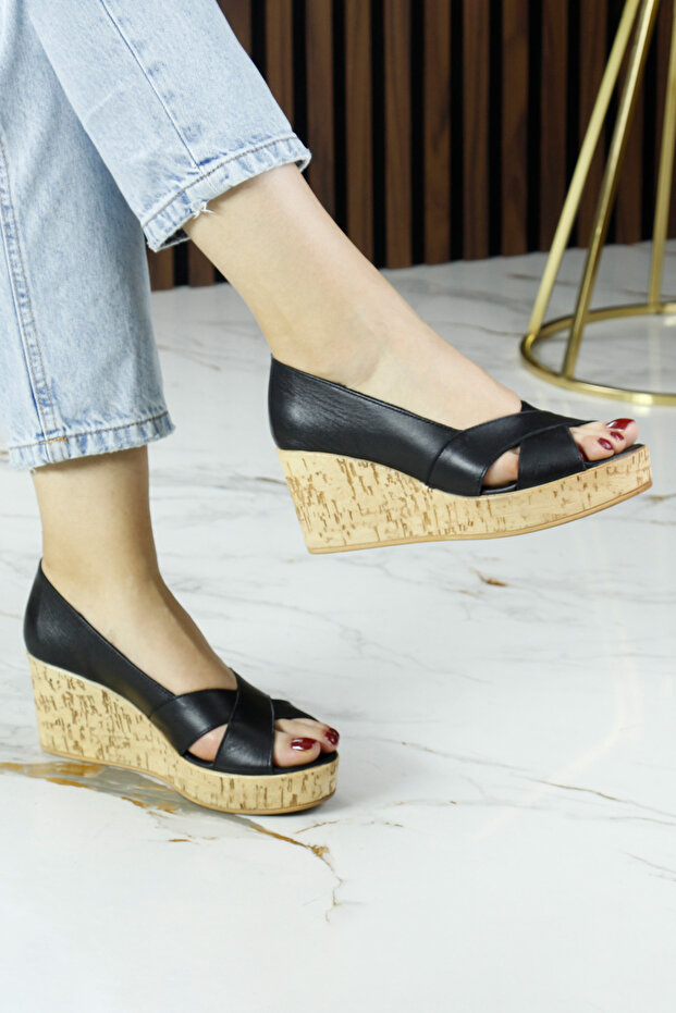 Astrid Black Genuine Leather Cross Banded Cork Sole Look Wedge Heeled Sandals