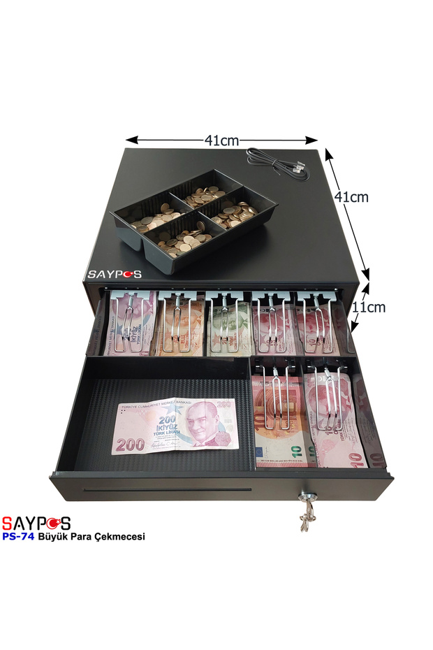 SAYPOS 7 Banknot Gözlü Yazarkasa Pos Bağlantılı ve Anahtardan Açılır Büyük Para Çekmecesi 40,5x42x11cm