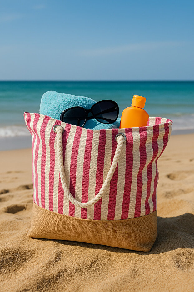 Women's Pink Striped Beach Bag Large Size Zippered 52×38cm
