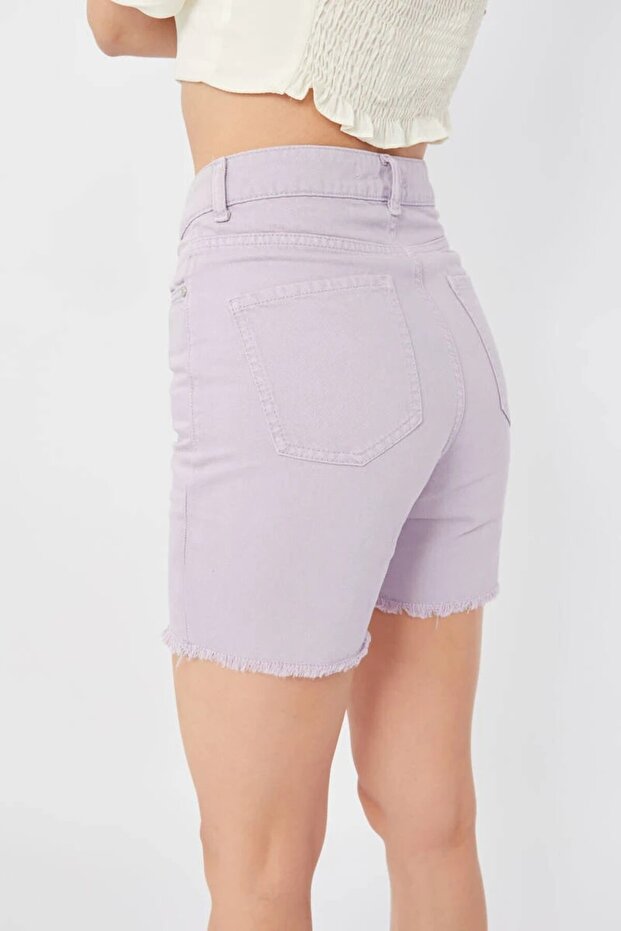 Kadın Basic Paçası Kesik Jen Şort Lila - 7