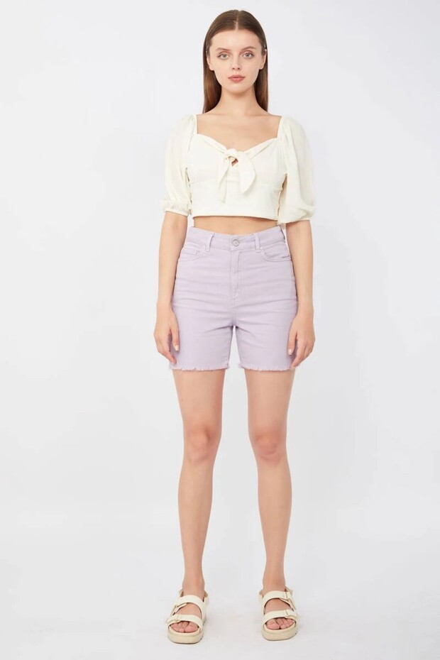 Kadın Basic Paçası Kesik Jen Şort Lila - 6