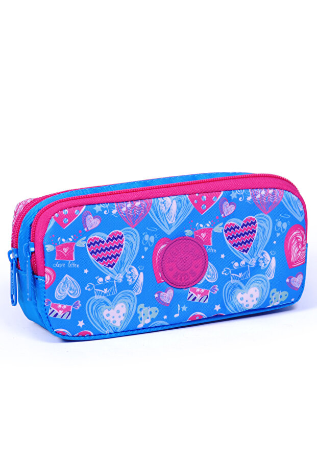 Heart Patterned Blue Children's Pencil Bag - Two Compartments 12485