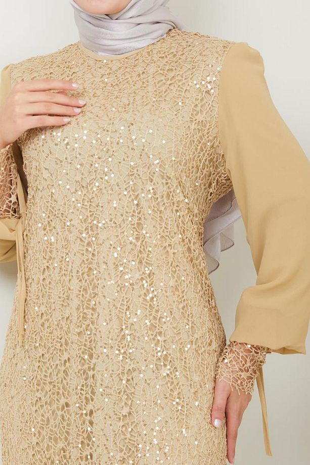 Kadın Giyim Abiye Moda File Pullu Güllü Tesettür Abiye Elbise 2517 - 4