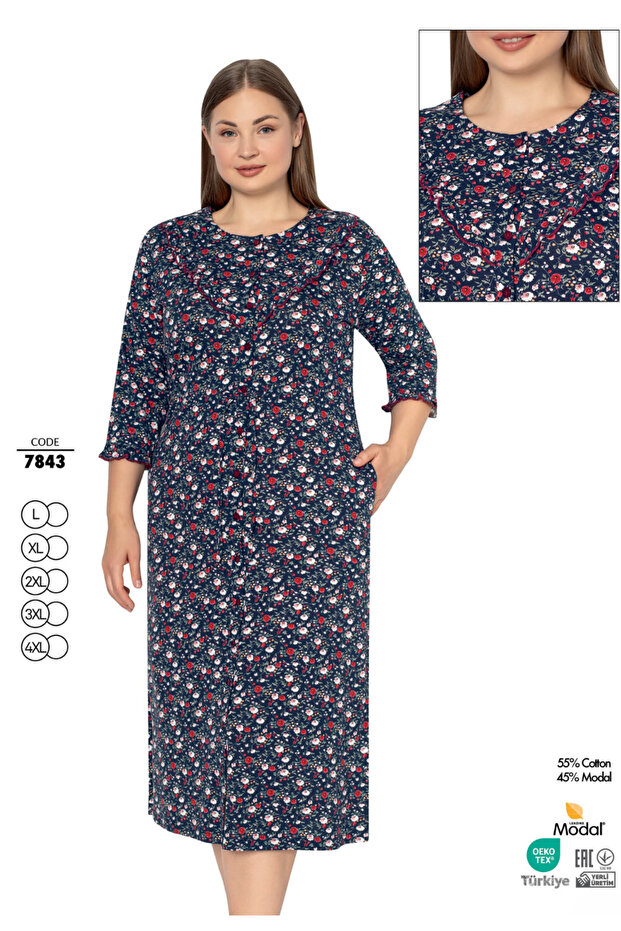 Women's Plus Size Cotton Modal Fabric Button Detailed Patterned Summer Dress 7843