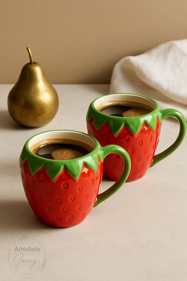 2 ADET El Yapımı Seramik Büyük Boy Çilek Tasarım Mug Kupa Fincan | Seramik Mug Fincan Kahve Kupası - 1