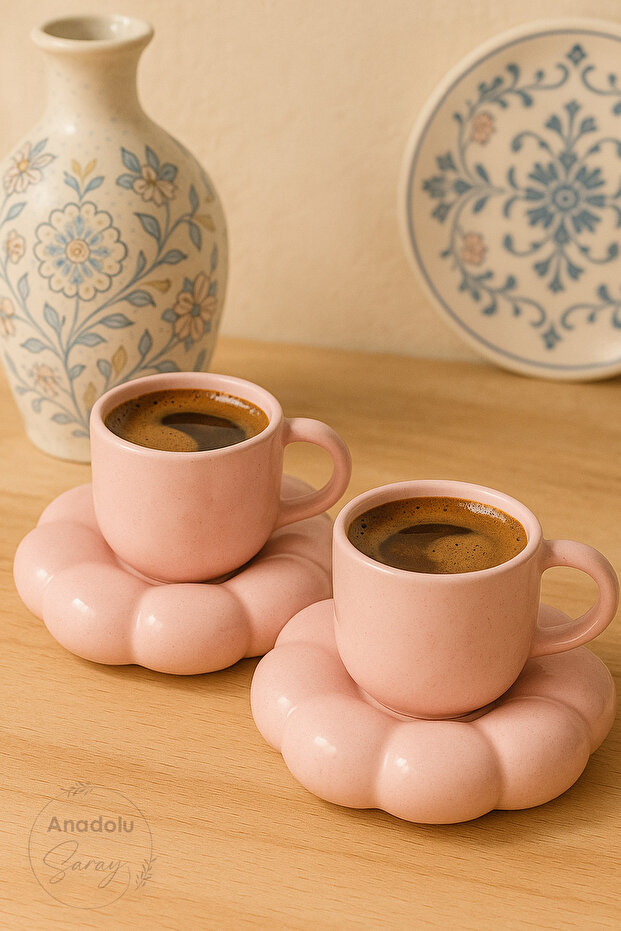 2 Adet El Yapımı Seramik Pembe Papatya Model Handmade Türk Kahvesi Fincan Seti 90ml - 1