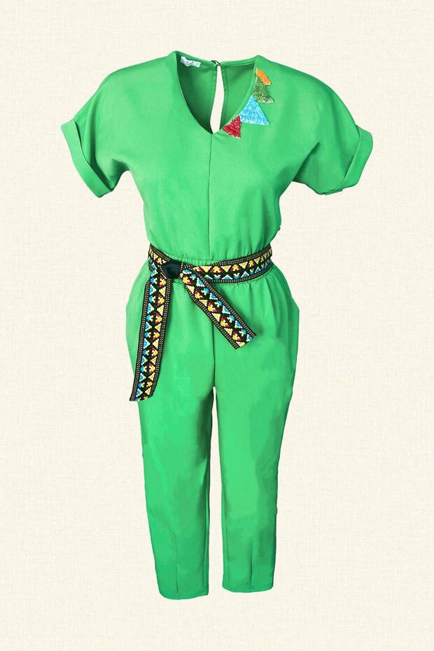 Renkli Işlemeli Yeşil Tulum - 2