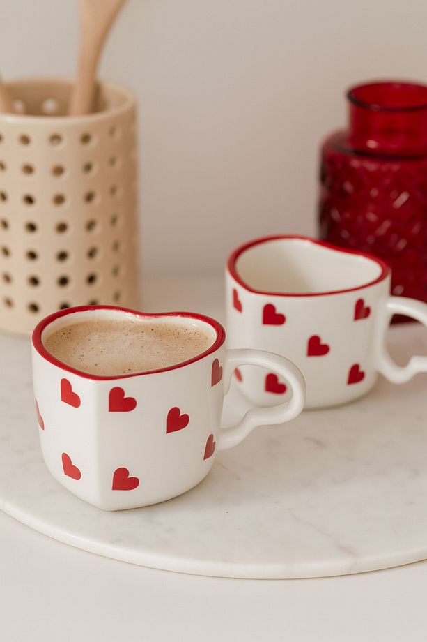 2'li El Yapımı Seramik Kalp Tasarım Mug Kupa Fincan Handmade El Yapımı Mug Fincan Kupa Kahve Kupası - 1