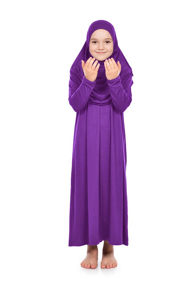 Pratik Başörtülü Tek Parça Kız Çocuk Namaz Elbisesi 9-11 Yaş Mor - 2