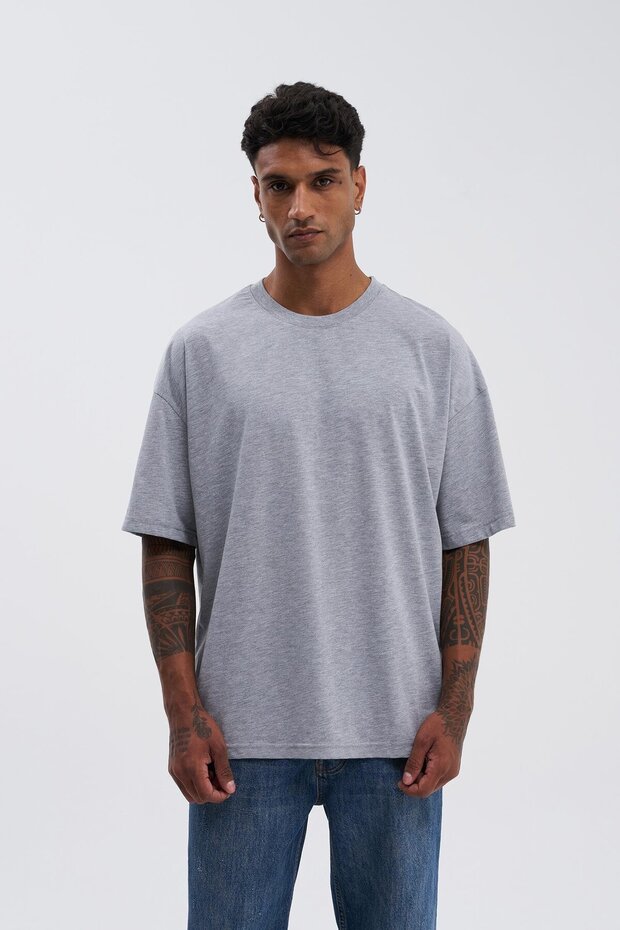 Erkek Basic Super Pamuklu Oversize Gri Melanj Tişört - 2