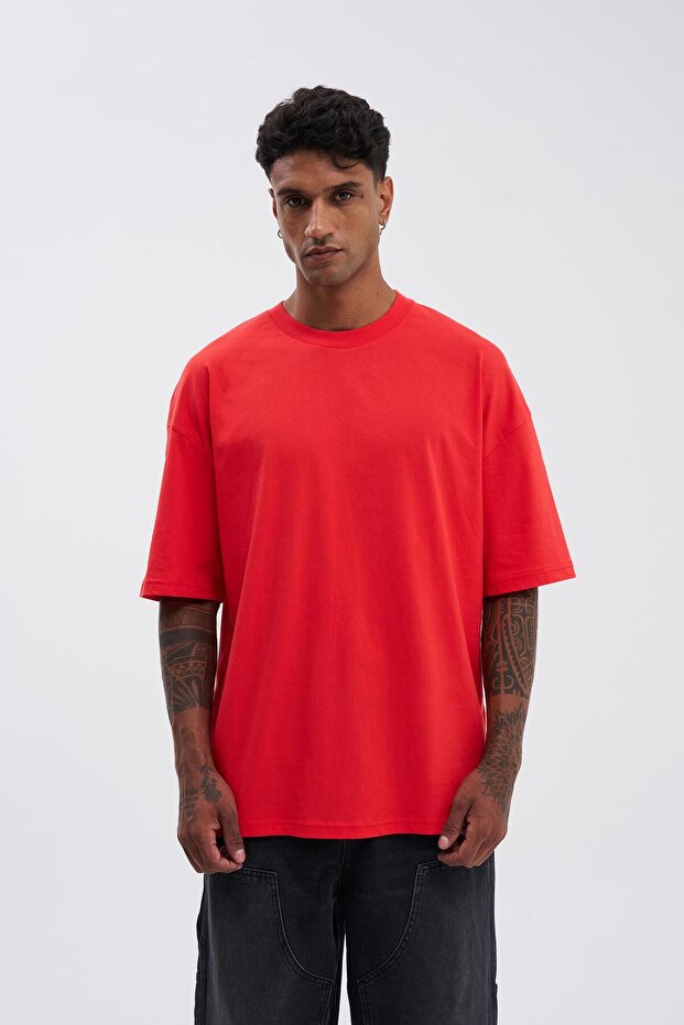 Erkek Basic Super Pamuklu Oversize Nar Tişört - 3