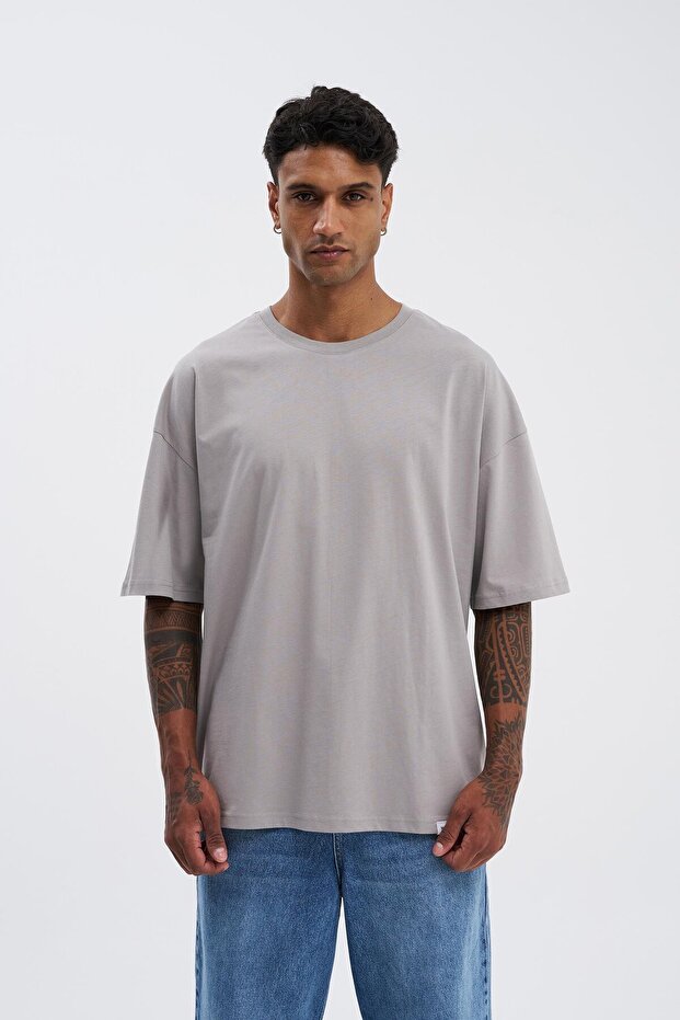 Erkek Basic Super Pamuklu Oversize Açık Gri Tişört - 2