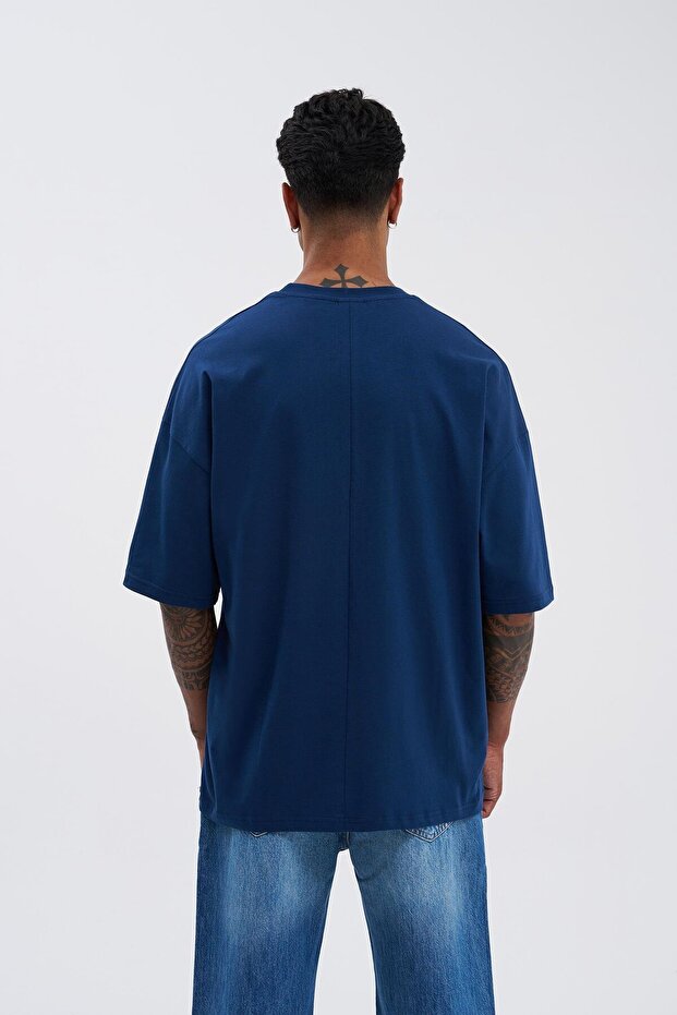 Erkek Basic Super Pamuklu Oversize İndigo Tişört - 5