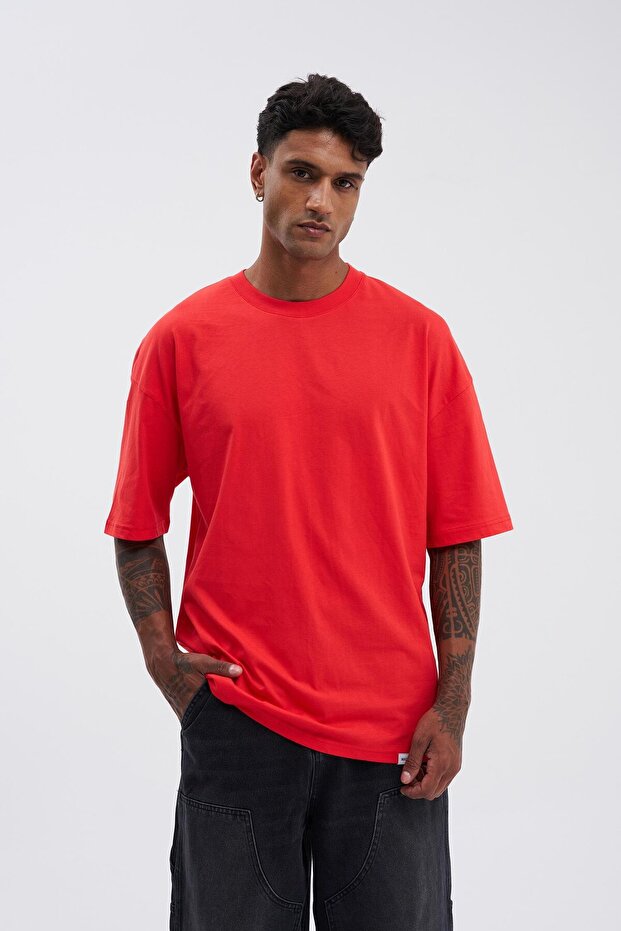 Erkek Basic Super Pamuklu Oversize Nar Tişört - 1