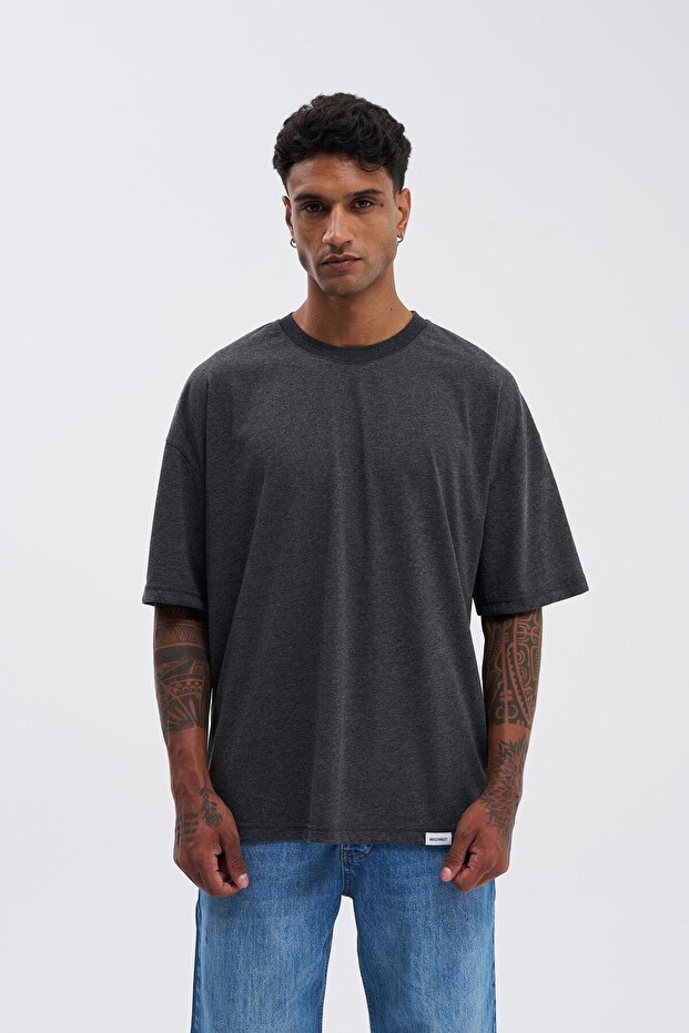 Erkek Basic Super Pamuklu Oversize Koyu Antrasit Tişört - 1