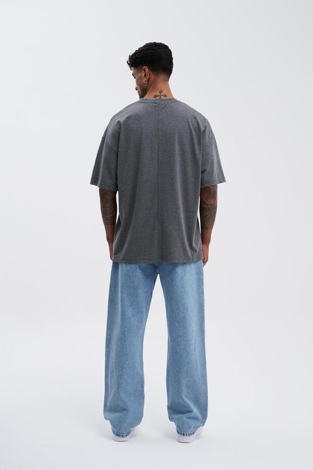 Erkek Basic Super Pamuklu Oversize Antrasit Tişört - 8