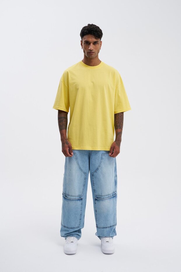 Erkek Basic Super Pamuklu Oversize Açık Sarı Tişört - 7