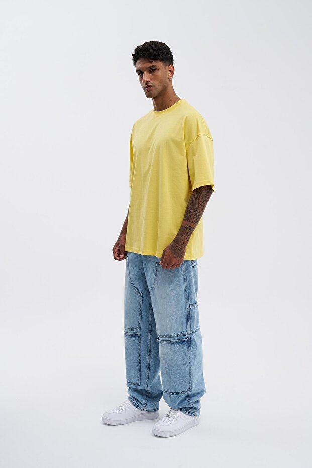 Erkek Basic Super Pamuklu Oversize Açık Sarı Tişört - 8