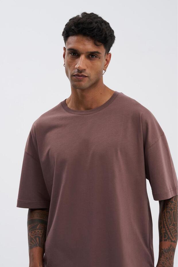 Erkek Basic Super Pamuklu Oversize Kakao Tişört - 4