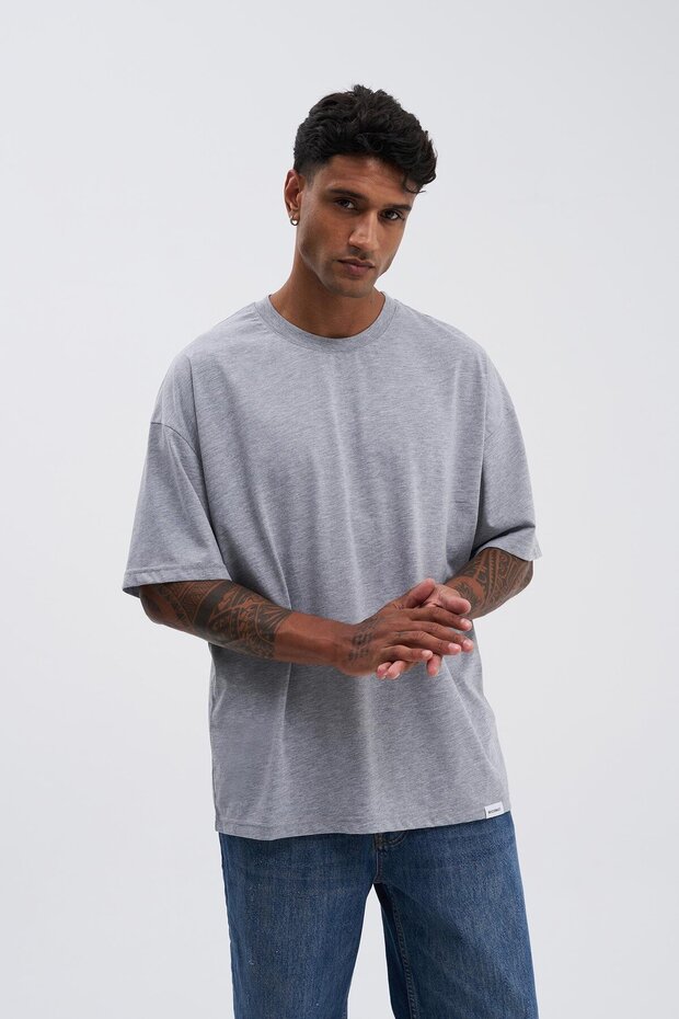 Erkek Basic Super Pamuklu Oversize Gri Melanj Tişört - 3