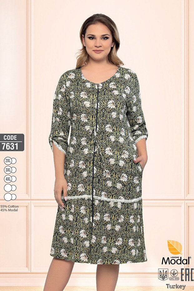 Women's Large Size Cotton Modal Fabric Zippered Patterned Summer Dress 7631