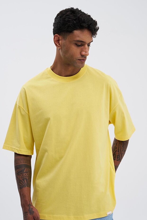 Erkek Basic Super Pamuklu Oversize Açık Sarı Tişört - 3