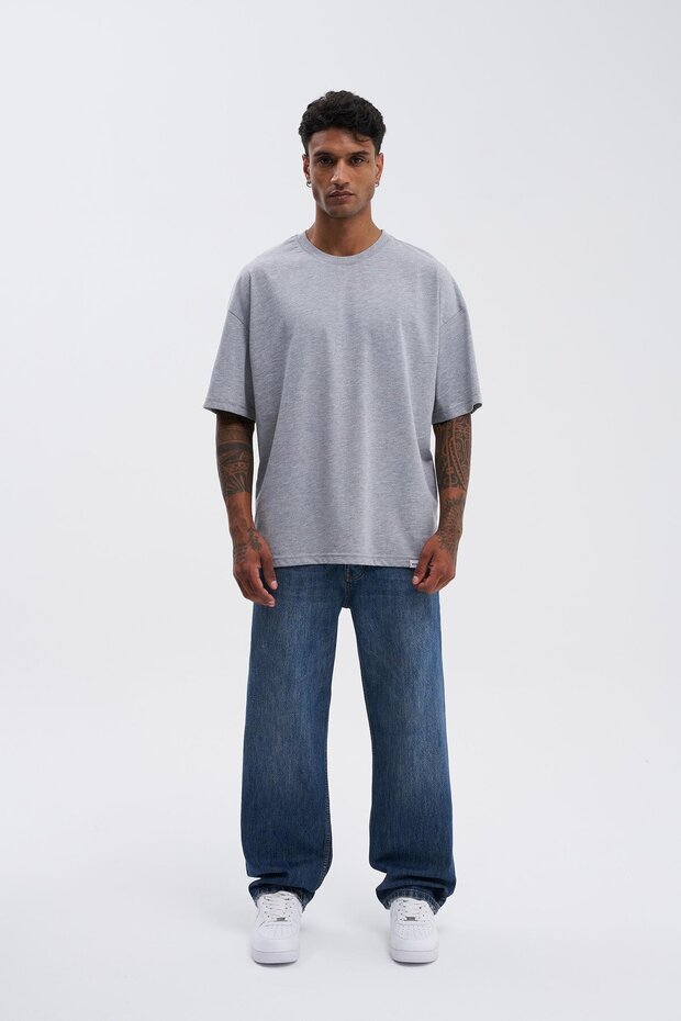 Erkek Basic Super Pamuklu Oversize Gri Melanj Tişört - 5