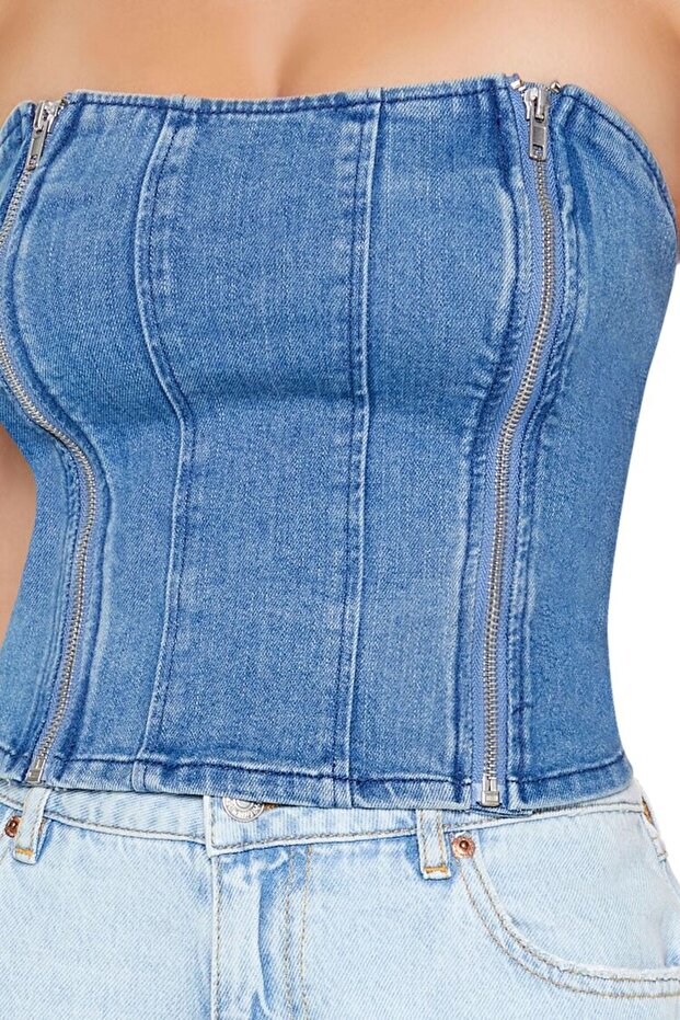 Straplez Yaka Denim Bluz - 3