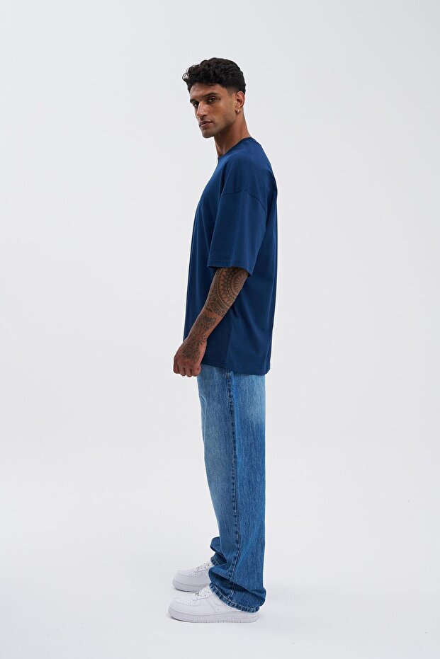 Erkek Basic Super Pamuklu Oversize İndigo Tişört - 8