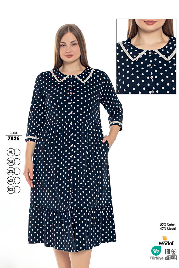 Women's Plus Size Cotton Modal Fabric Button Detailed Polka Dot Dress / Navy - White 7826